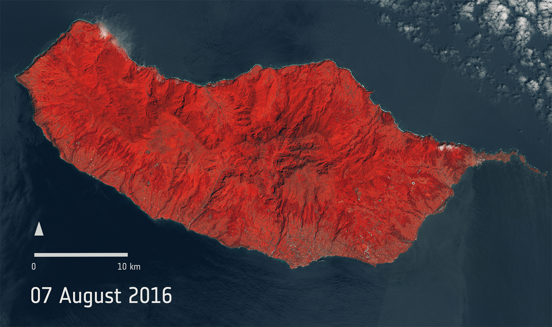 A typical example on how Copernicus Sentinel Data is being used: These two images from ESA's Sentinel-2A satellite show the beautiful Portuguese main island of Madeira before and after it was devastated by wildfires in August 2016.